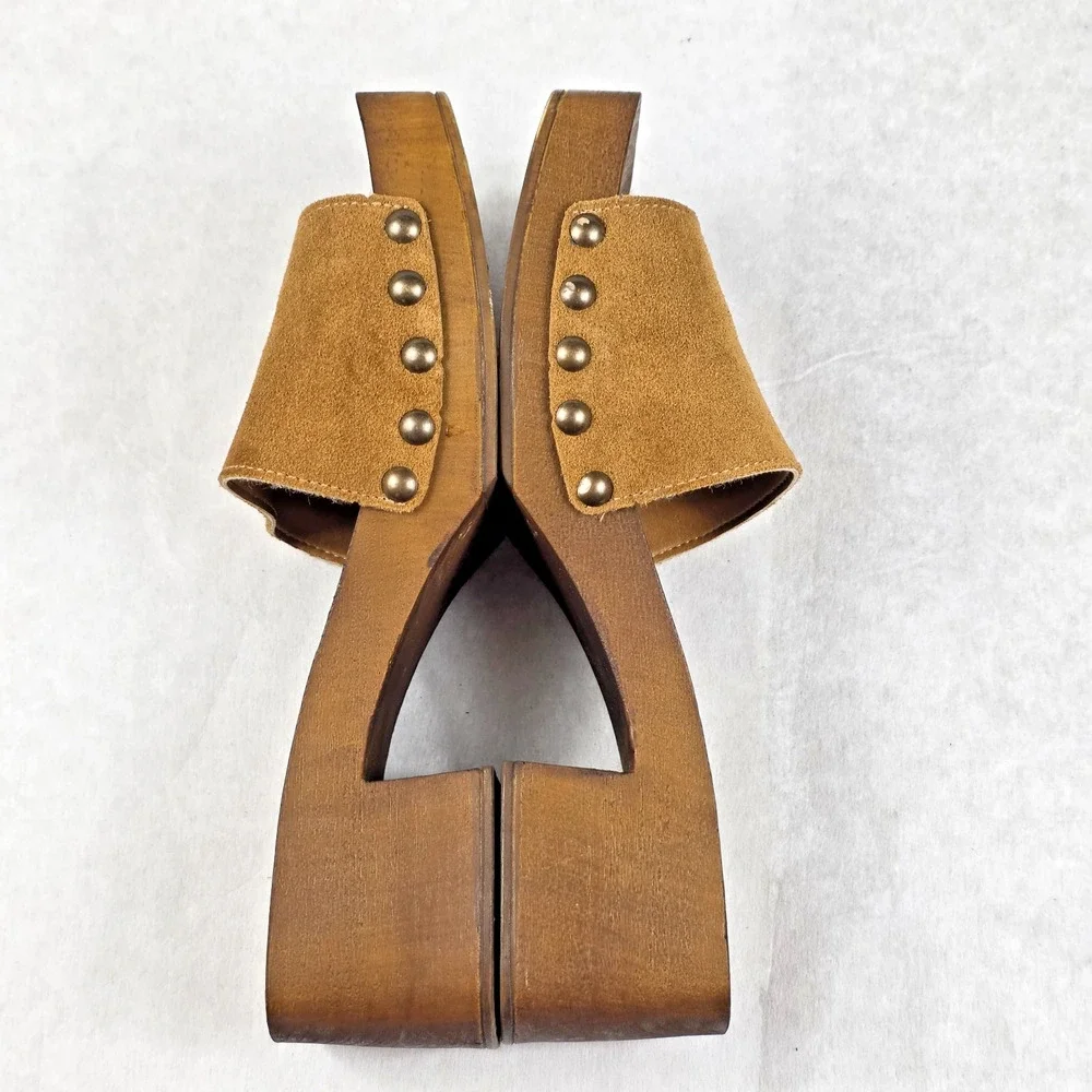 Vintage 90s Charles David Brown Suede Wood Platform Mules Clogs Sz 40 Made italy